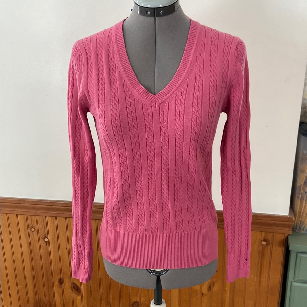 Tommy Hilfiger Pink V-Neck Sweater with Ribbed Knit Size M